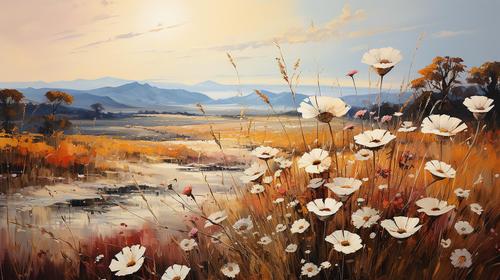 Oil painting of Daisies in field