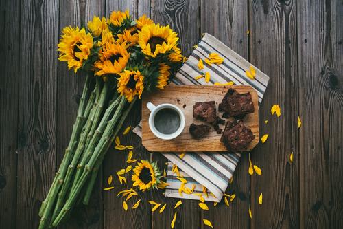 Sunflowers, coffee and cake