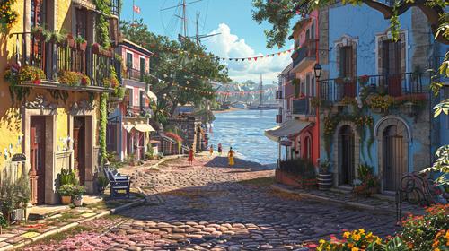 Pintura de cidade costeira