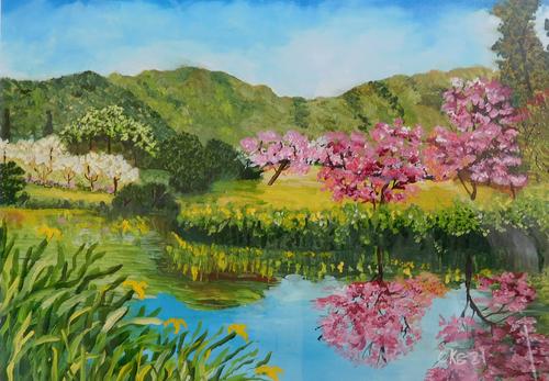 Pintura de paisagem com cerejeiras