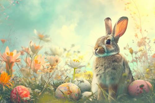Easter bunny in spring field
