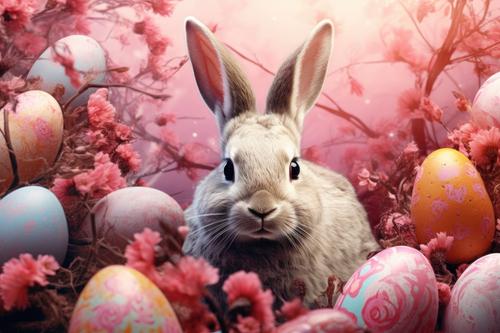 Bunny surrounded by Easter eggs