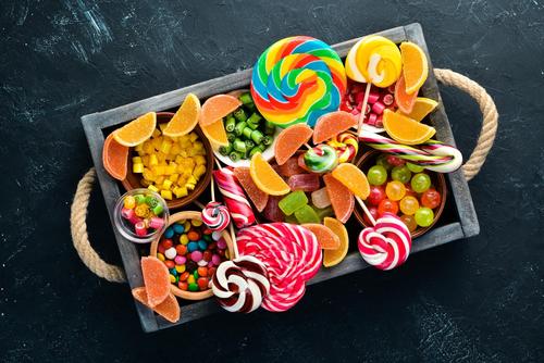 Tray with lollipops and candy