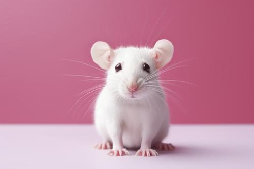 Ratón blanco en habitación rosa