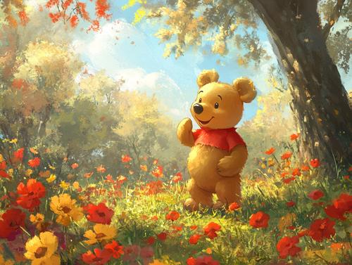 Winnie the Pooh in a field of flowers