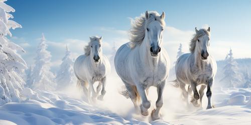 Cavalos galopando na neve