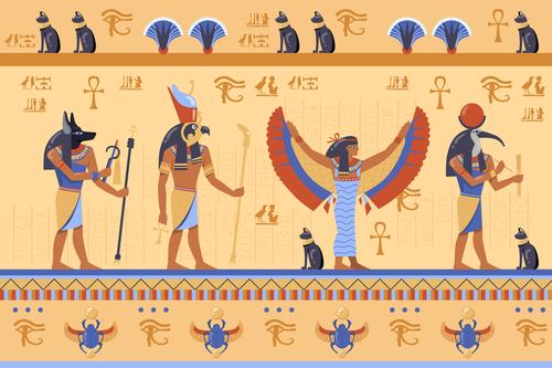 Egyptian deities with hieroglyphs