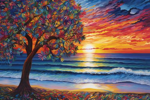 Pintura do pôr do sol sobre o mar