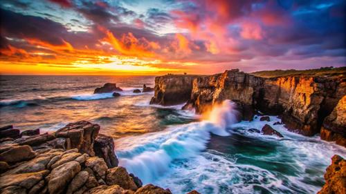 Rocky cliffs and crashing waves