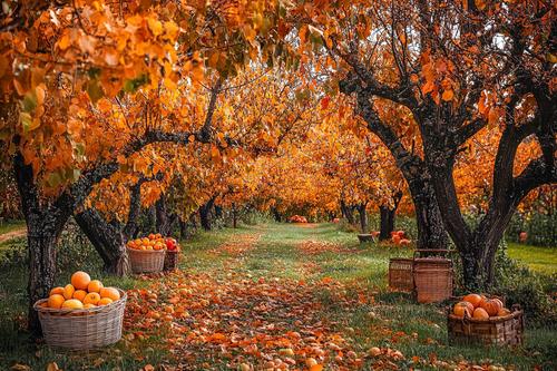 Herbstlicher Obstgarten mit reifen Orangen