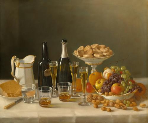Painting of Wine, Cheese, and Fruit