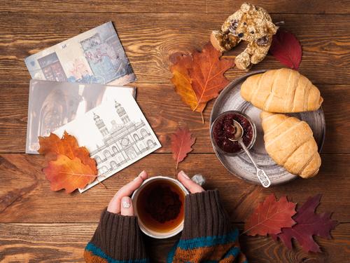 Coffee and croissants in a fall day