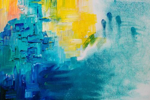 Abstract painting in blue and yellow tones