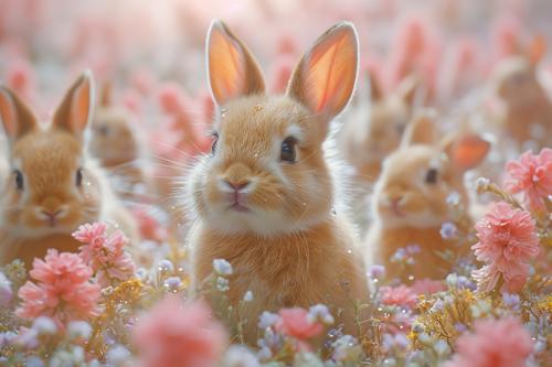 Lindo conejo en campo de flores