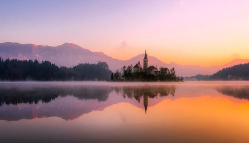Church in a lake at dawn