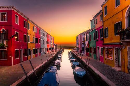 Colorful houses at sunset