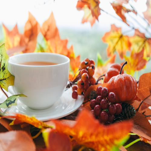 Warm Tea near Autumnal Leaves