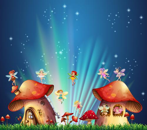 Fairies flying over mushroom houses