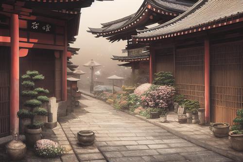 Antiguo pueblo japonés con niebla
