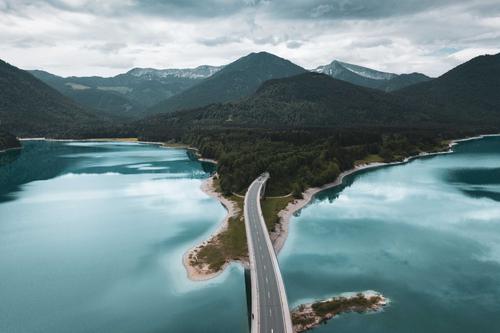 Road crossing a lake