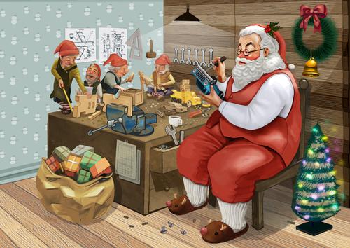 Papá Noel preparando regalos