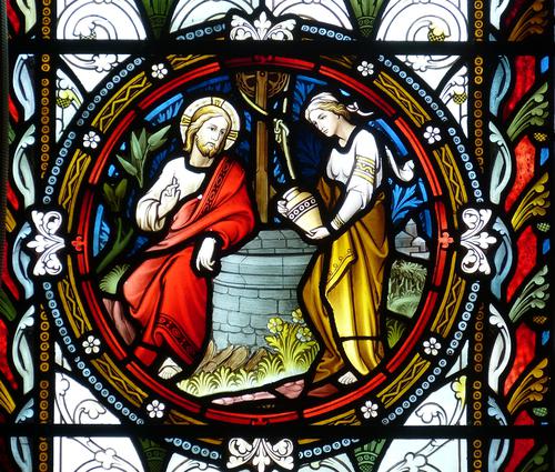 Stained-glass Jesus and the samaritan woman