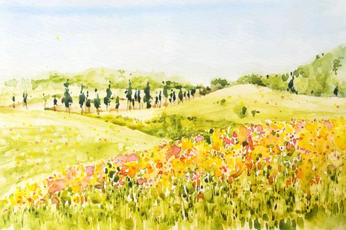 Watercolor of fields in spring